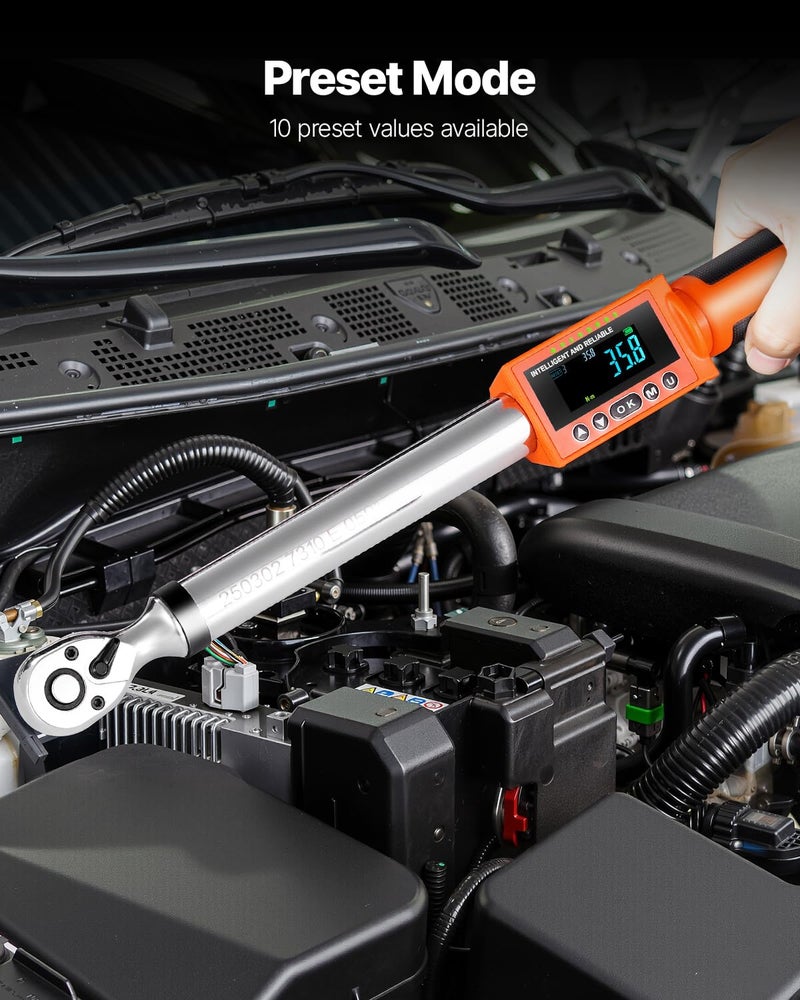 VEVOR Digital Torque Wrench 3/8 1/2 Inch Drive, 0-44.25FT.LB(0-60Nm)/0-162.26FT.LB(0-220Nm) Â±2% Accuracy, Electronic Torque Wrench with Preset Mode,Vibration,Buzzer,LED Notification,5Units of Measure - Image 5