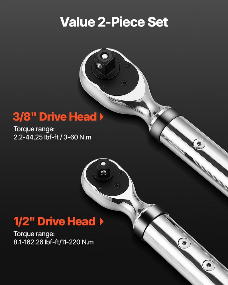 VEVOR Digital Torque Wrench 3/8 1/2 Inch Drive, 0-44.25FT.LB(0-60Nm)/0-162.26FT.LB(0-220Nm) Â±2% Accuracy, Electronic Torque Wrench with Preset Mode,Vibration,Buzzer,LED Notification,5Units of Measure - Image 2