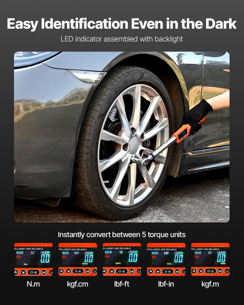 VEVOR Digital Torque Wrench 3/8 1/2 Inch Drive, 0-44.25FT.LB(0-60Nm)/0-162.26FT.LB(0-220Nm) Â±2% Accuracy, Electronic Torque Wrench with Preset Mode,Vibration,Buzzer,LED Notification,5Units of Measure - Image 4