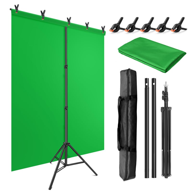 JEBUTU Green Screen Backdrop Kit with Stand, 5X6.5ft Portable Green Screen Backdrop with Stand kit, GreenScreen Background with Stand Carrying Bag Clamp for Streaming Video Zoom - Image 1