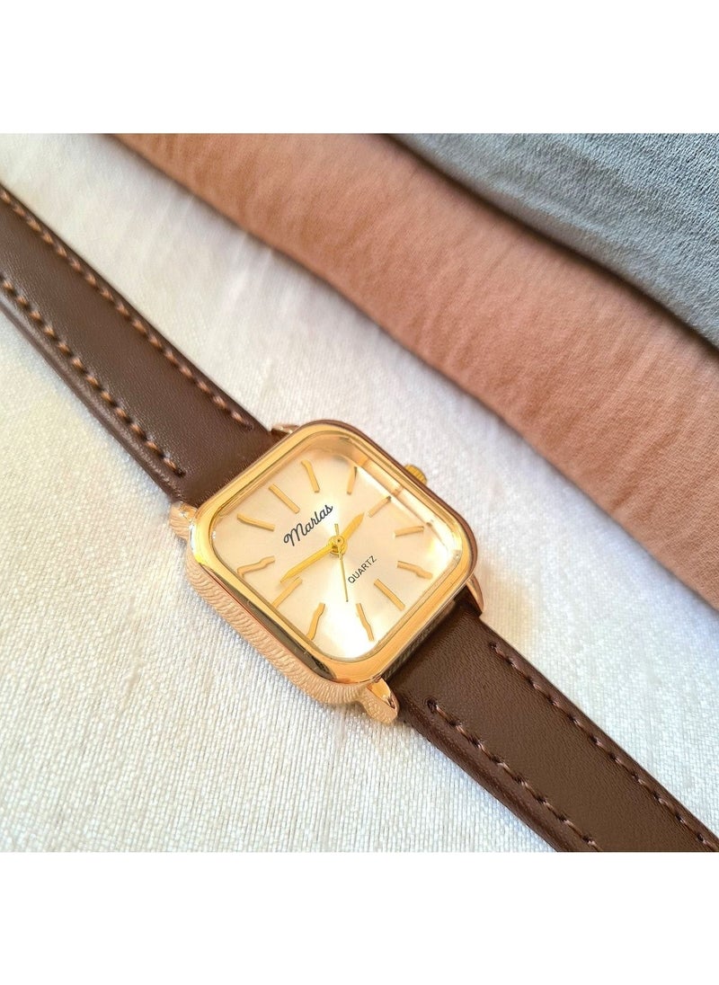 Tekno Trust Retro Women's Wristwatch, Vintage Design, Minimal Design, Gold Color, Dark Brown Strap  - Image 3