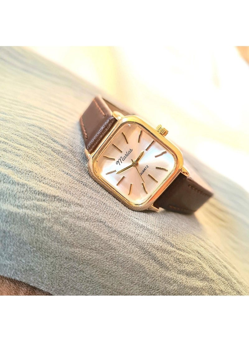 Tekno Trust Retro Women's Wristwatch, Vintage Design, Minimal Design, Gold Color, Dark Brown Strap  - Image 2