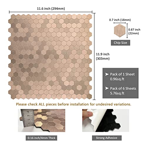 Homeart Copper Peel and Stick Backsplash, Self Adhesive Mini Hexagon Backsplash Aluminum Mosaic Tile for Kitchen Bathroom (6 Sheets) - Image 2