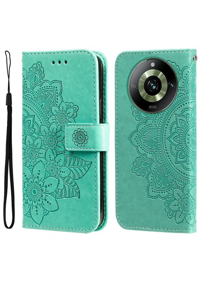 HuHa Case Cover For Realme 11 Pro / 11 Pro+ 7-petal Flowers Embossing Leather Phone Case Green 
