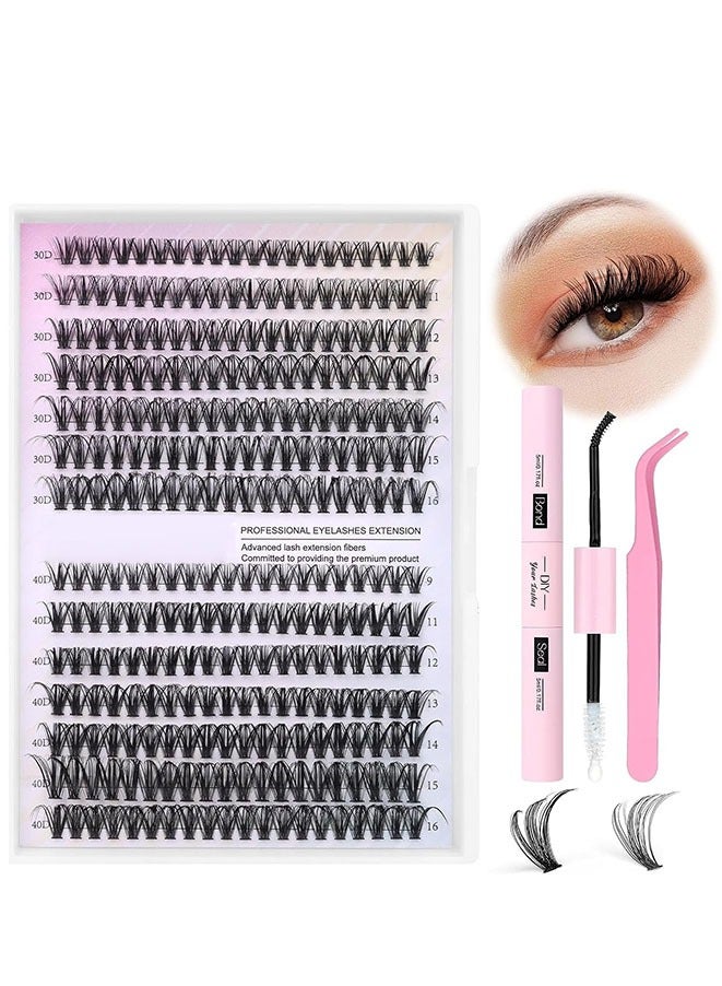 FASHION MANIA Lash Extension Kit 280pcs Individual Lashes Cluster D Curl Eyelash Kit 30D 40D 9-16mm Mix Lash Clusters with Lash Bond and Seal and Lash Applicator Tool for Self Application at Home - Image 1