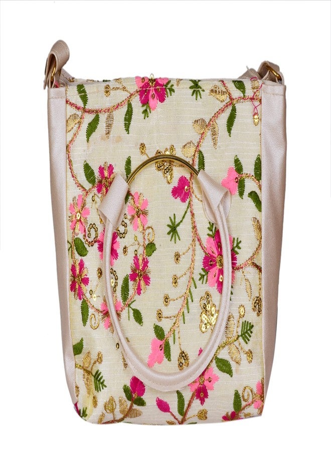 SuneshCreation Silk Handbag for Women and Girls With Classic Chain Strap Top Handle Handheld Shoulder Crossbody Purse Beige - Image 4