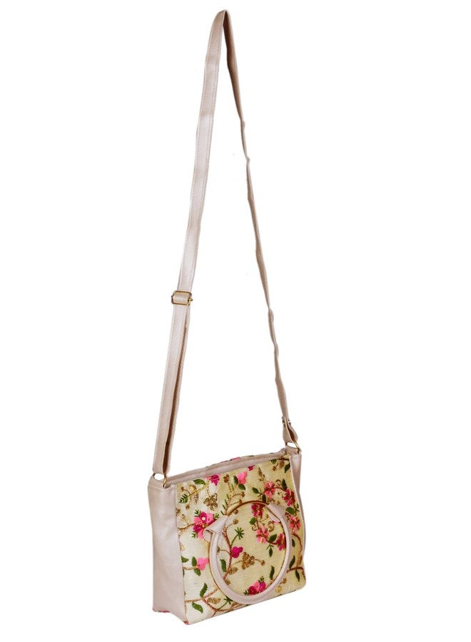 SuneshCreation Silk Handbag for Women and Girls With Classic Chain Strap Top Handle Handheld Shoulder Crossbody Purse Beige - Image 3