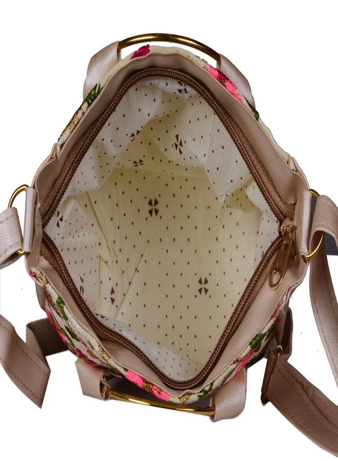 SuneshCreation Silk Handbag for Women and Girls With Classic Chain Strap Top Handle Handheld Shoulder Crossbody Purse Beige - Image 2
