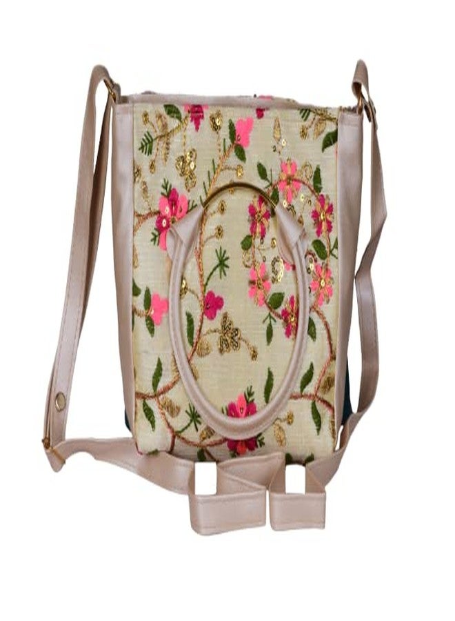 SuneshCreation Silk Handbag for Women and Girls With Classic Chain Strap Top Handle Handheld Shoulder Crossbody Purse Beige - Image 1