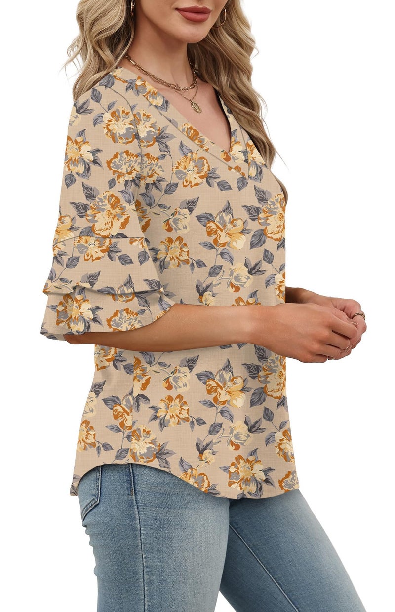 OFEEFAN Women's Tops Plus Size Spring Clothes for Women Travel Outfits for Women 3/4 Length Sleeve Womens T Shirts Going Out Tops Cruise Outfits Short Sleeve Tees Beige Floral 2XL - Image 4