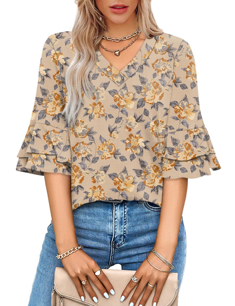 OFEEFAN Women's Tops Plus Size Spring Clothes for Women Travel Outfits for Women 3/4 Length Sleeve Womens T Shirts Going Out Tops Cruise Outfits Short Sleeve Tees Beige Floral 2XL - Image 3