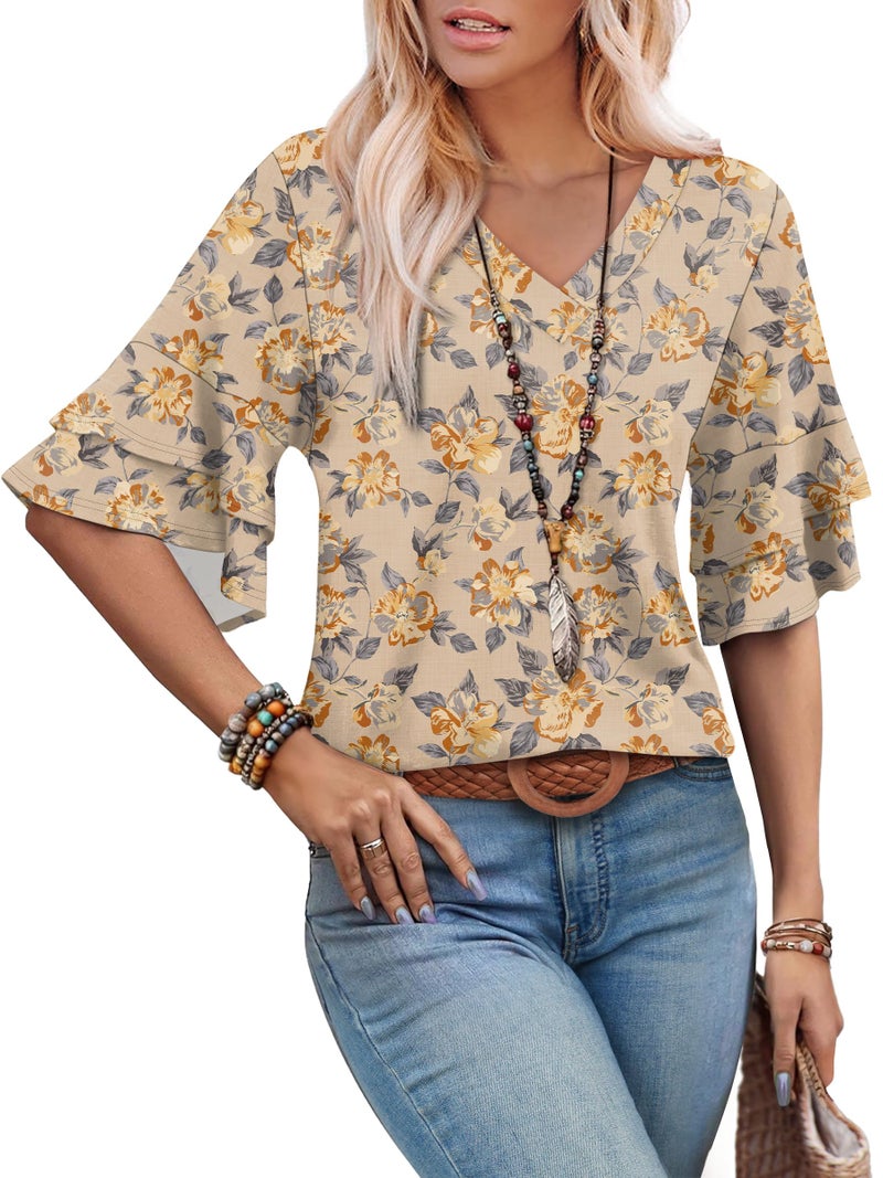 OFEEFAN Women's Tops Plus Size Spring Clothes for Women Travel Outfits for Women 3/4 Length Sleeve Womens T Shirts Going Out Tops Cruise Outfits Short Sleeve Tees Beige Floral 2XL - Image 1