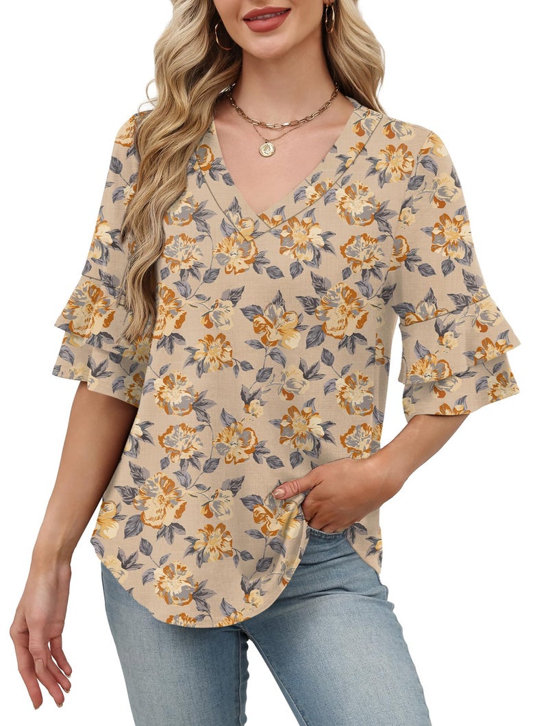 OFEEFAN Women's Tops Plus Size Spring Clothes for Women Travel Outfits for Women 3/4 Length Sleeve Womens T Shirts Going Out Tops Cruise Outfits Short Sleeve Tees Beige Floral 2XL - Image 2