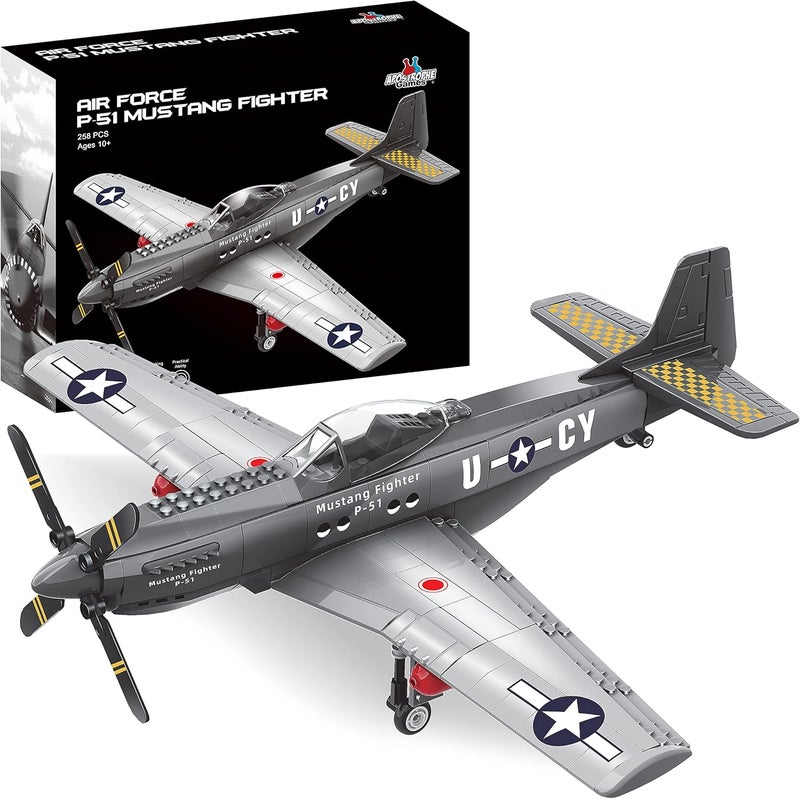 Apostrophe Games WW2 P-51 Mustang Fighter Plane Building Block Set – 258 -Pcs Building Toys Set – Plane Toy for Kids Older Than 10 and Adults – Compatible with All Building Bricks - Image 1