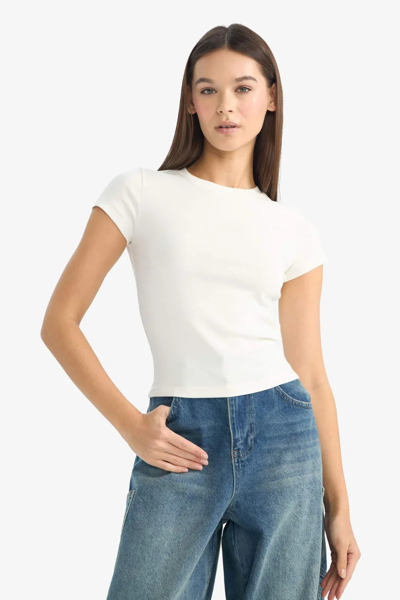 Defacto  Slim Fit Crew Neck Ribbed Short Sleeve T-Shirt for Women | Best Price UAE