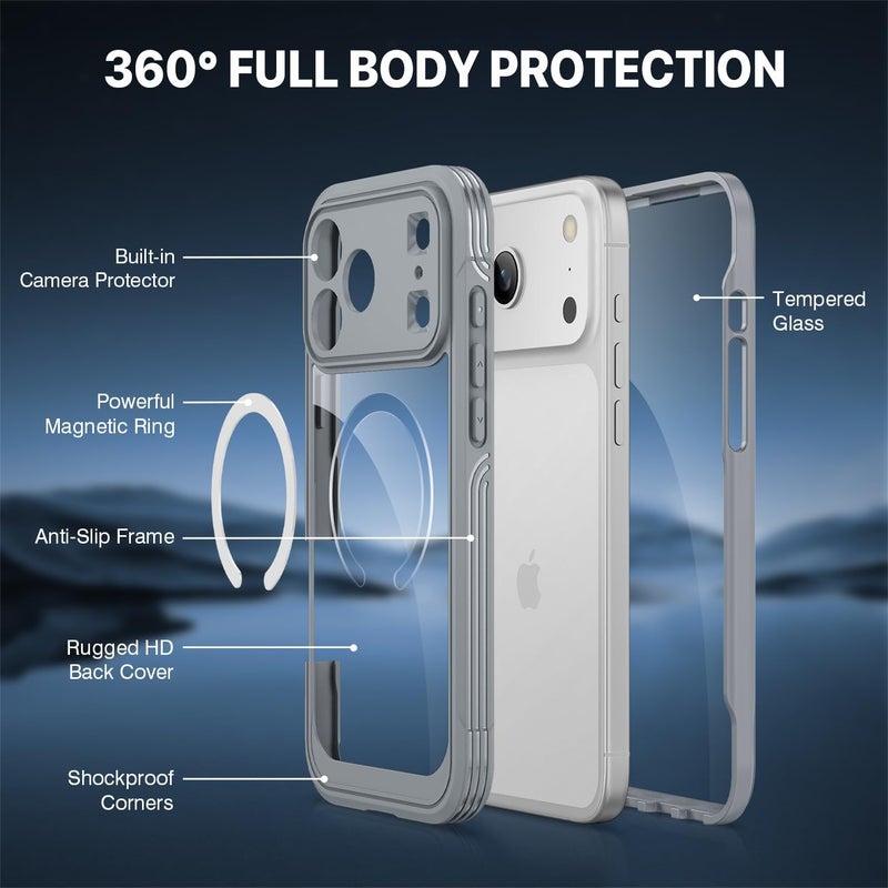 CENHUFO Magnetic Case for iPhone 17 Pro Max [Compatible with MagSafe] Built-in 9H Tempered Glass Screen Protector and Camera Protection, Shockproof Phone Cover Double Sided Full Case – Grey Hot & cold climate compatible - Image 2