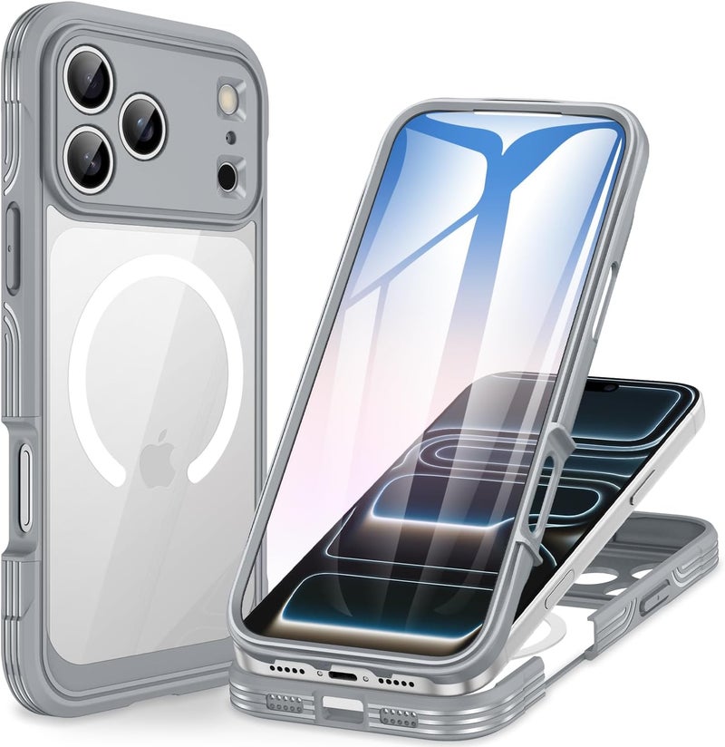 CENHUFO Magnetic Case for iPhone 17 Pro Max [Compatible with MagSafe] Built-in 9H Tempered Glass Screen Protector and Camera Protection, Shockproof Phone Cover Double Sided Full Case – Grey Hot & cold climate compatible - Image 1