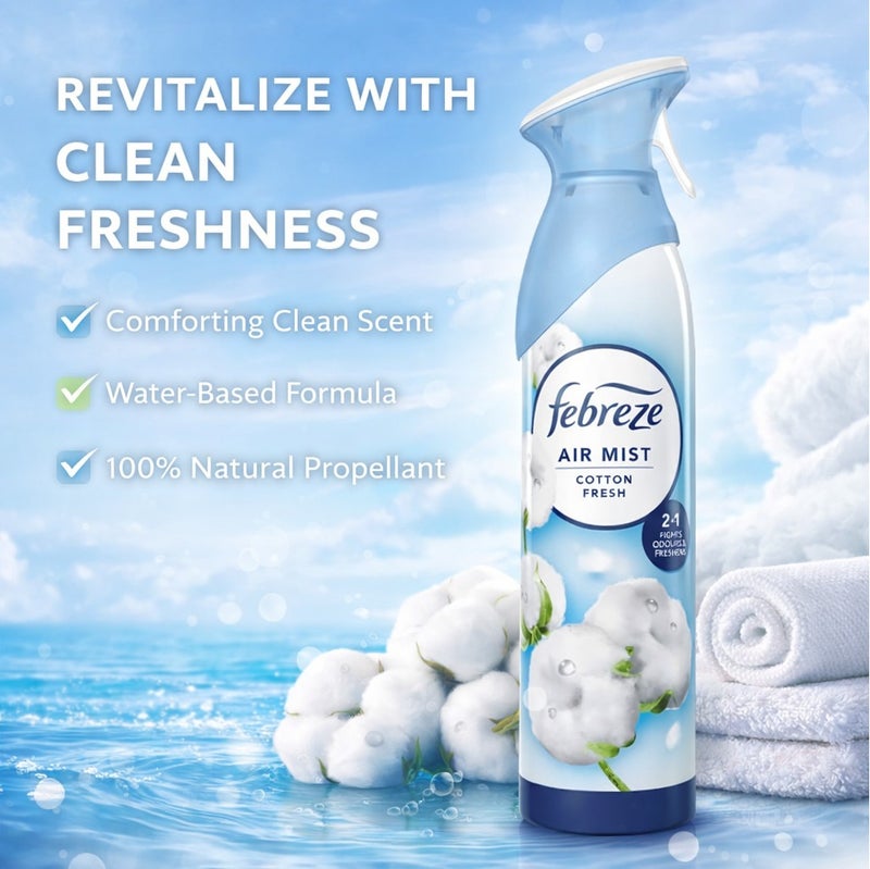 Febreze Air Mist Cotton Fresh 185ml Air Freshener Spray, Long Lasting Room Fragrance, Odor Eliminator Spray, Water Based Formula, Natural Propellant Home Bathroom Bedroom Office Freshener - Image 3