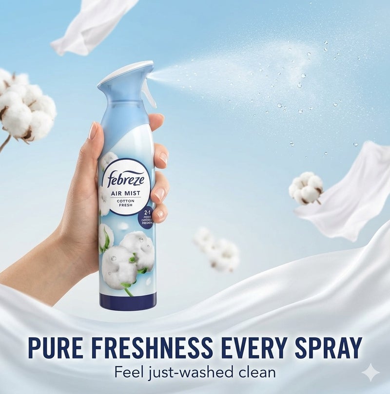 Febreze Air Mist Cotton Fresh 185ml Air Freshener Spray, Long Lasting Room Fragrance, Odor Eliminator Spray, Water Based Formula, Natural Propellant Home Bathroom Bedroom Office Freshener - Image 4