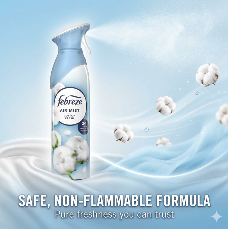 Febreze Air Mist Cotton Fresh 185ml Air Freshener Spray, Long Lasting Room Fragrance, Odor Eliminator Spray, Water Based Formula, Natural Propellant Home Bathroom Bedroom Office Freshener - Image 5