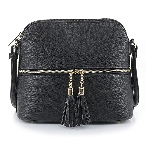 SG SUGU Lunar Lightweight Medium Dome Crossbody Bag Shoulder Bag with Double Tassels | Zipper Pocket | Adjustable Strap|Black - Image 1