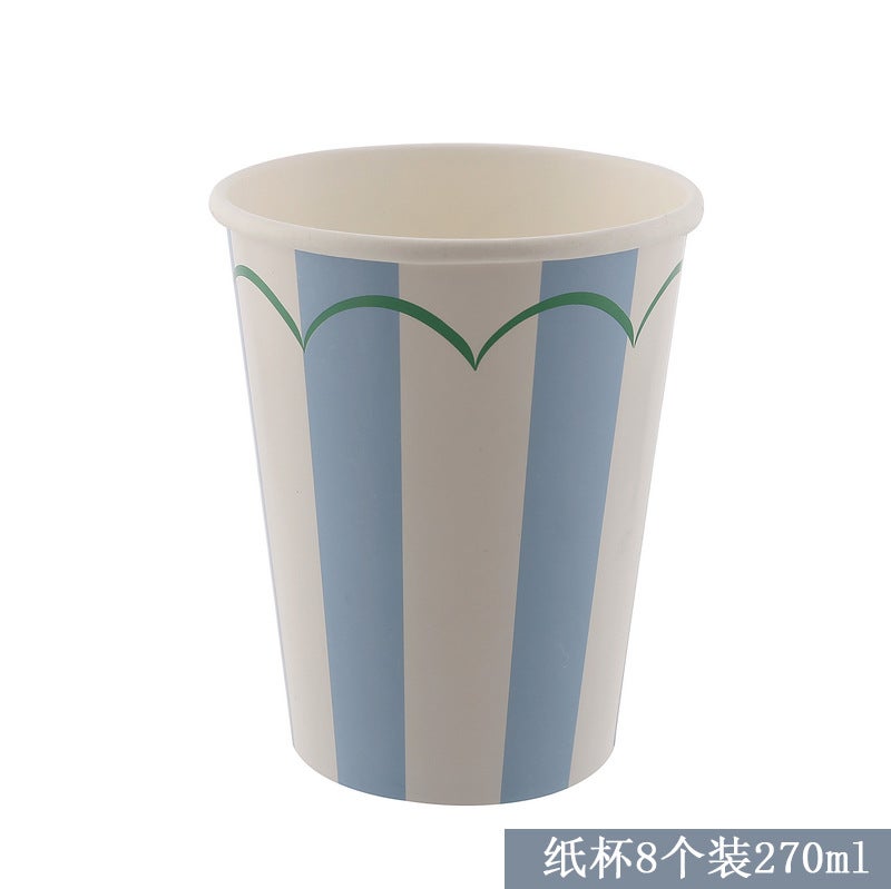 Blue Wave Disposable Party Tableware Set 8 Double Paper Cups 270ml Green Edge Blue Stripe