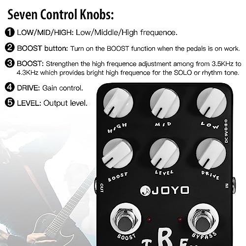 JOYO Metal Distortion Pedal with 3 Band EQ and Low-Mid-High Gain Boost for Electric Guitar Effect - Bypass (Extreme Metal JF-17) - Image 4