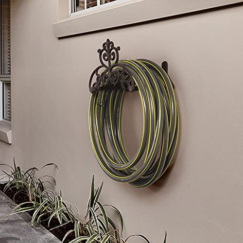 MyGift Brown Heavy Duty Cast Iron Outdoor Garden Hose Hanger Wall Mounted Water Hose Holder Reel with Vintage Scrollwork Design - Image 3