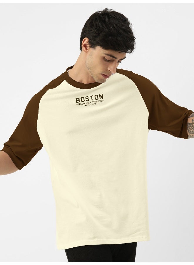 Maniac Mens Printed Round Neck raglan Half Sleeve Beige & Brown Cotton Oversized Tshirt - Image 2