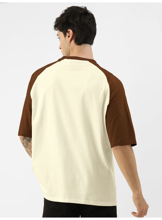 Maniac Mens Printed Round Neck raglan Half Sleeve Beige & Brown Cotton Oversized Tshirt - Image 3