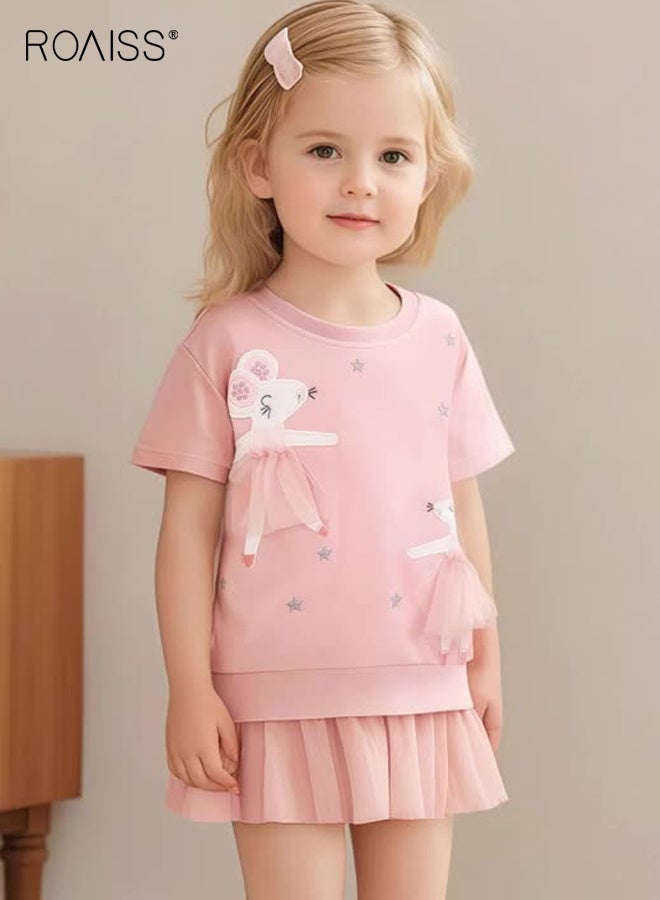 رويس فستان صيفي للفتيات بنقوش جميلة وحافة من التول، فستان قطني بأكمام قصيرة، فستان أنيق غير رسمي للفتيات الصغيرات، مناسب للارتداء اليومي أو أي مناسبة - Image 1