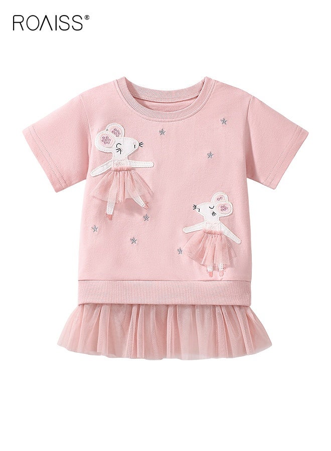 رويس فستان صيفي للفتيات بنقوش جميلة وحافة من التول، فستان قطني بأكمام قصيرة، فستان أنيق غير رسمي للفتيات الصغيرات، مناسب للارتداء اليومي أو أي مناسبة - Image 2