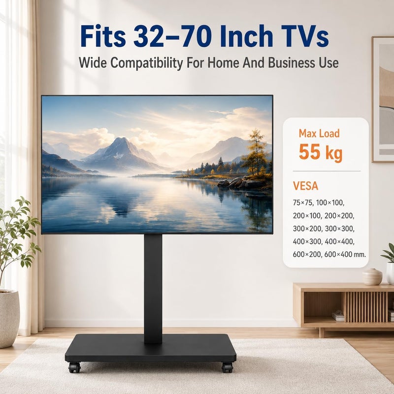 Bentifar Mobile TV Stand Cart for 32-70 Inch TVs, Portable TV Stand on Wheels, Swivel Rolling Height Adjustable, Modern Mobile Black TV Cart for Bedroom Home Office - Image 5