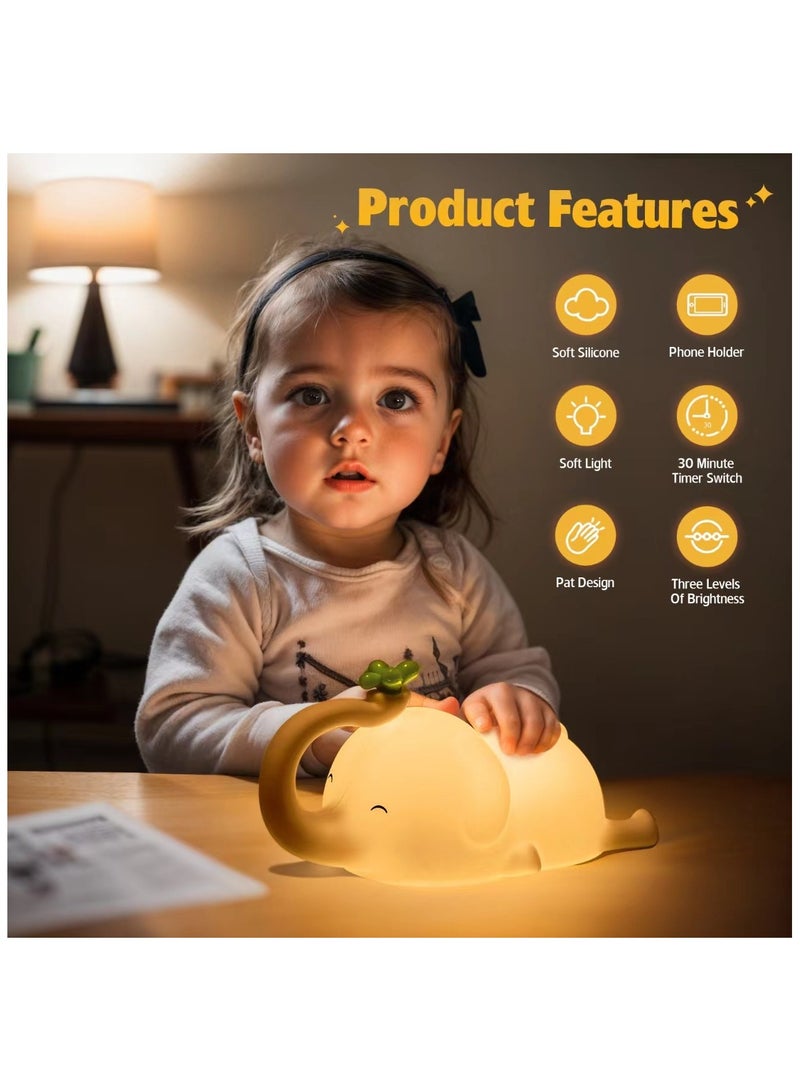 Silicone Elephant Night Light for Kids - 3-Level Dimmable & Rechargeable LED Lamp, Touch Control Soft Animal Light for Nursery, Baby Room Decor - Image 3