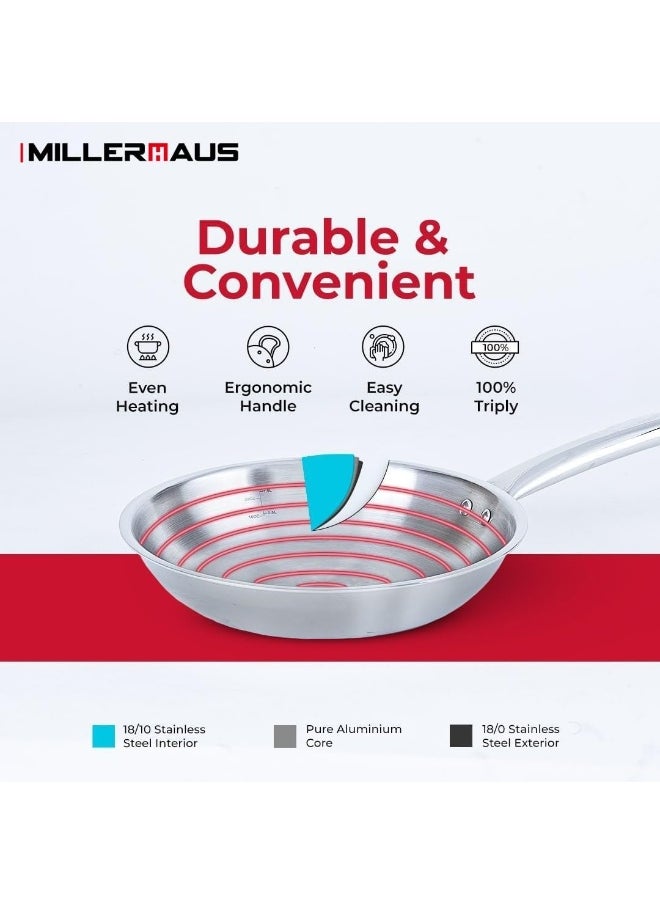 MILLERHAUS Millerhaus Tri-Ply Frypan 22cm Stainless Steel, 18/10 Frying Pan, PFOA Free Dishwasher Safe Skillet, Stainless Steel Handle Cookware - Silver  - Image 2