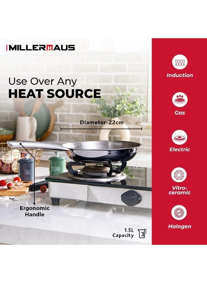 MILLERHAUS Millerhaus Tri-Ply Frypan 22cm Stainless Steel, 18/10 Frying Pan, PFOA Free Dishwasher Safe Skillet, Stainless Steel Handle Cookware - Silver  - Image 3
