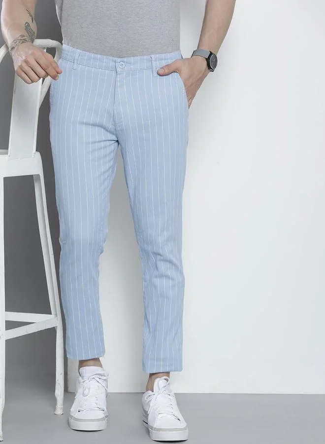 The Indian Garage Co Men Blue Striped Slim Fit Chino Pants