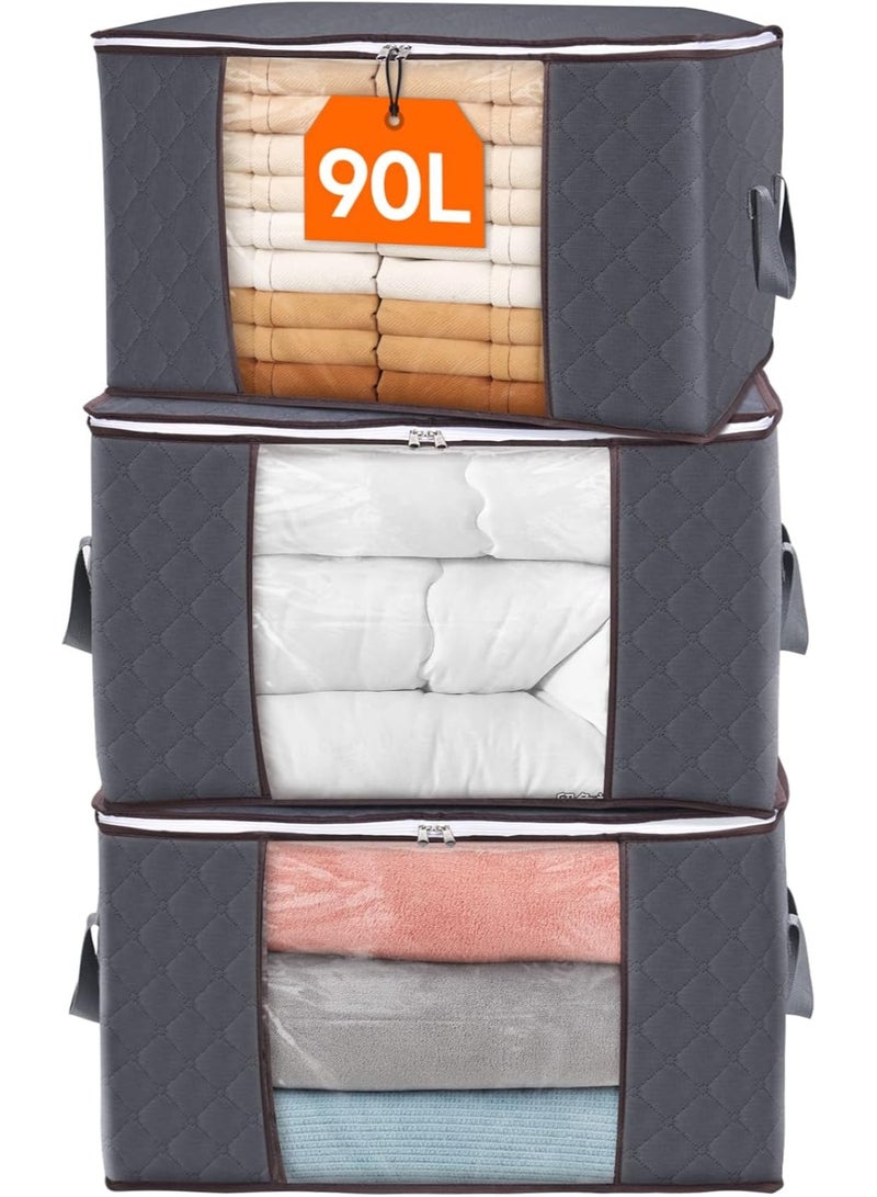 3 Pack 90L Large Storage Bags, Closet Organizers and Storage, Clothes Storage Bins with Lids, Foldable Storage Containers with Reinforced Handles for Clothing, Blanket, Bedding, Comforter 3 Pack Gray - Image 1