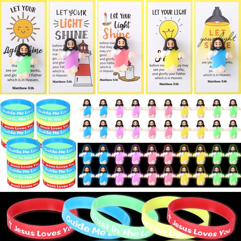 Barydat 25 Set Easter Mini Christ Gifts Glow in the Dark Include Mini Jesus Figures Silicone Wristbands Blessing Cards for Christ Party Favors Sunday School Gifts Religious Toys to Hide and Seek - Image 3