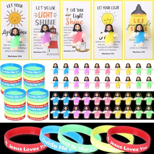 Barydat 25 Set Easter Mini Christ Gifts Glow in the Dark Include Mini Jesus Figures Silicone Wristbands Blessing Cards for Christ Party Favors Sunday School Gifts Religious Toys to Hide and Seek - Image 1