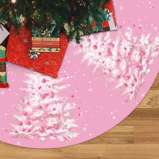 CHRISTMAS TREE SKIRT PINK CHRISTMAS TREE SKIRT 48INCH XMAS WINTER TREE SKIRT FOR CHRISTMAS INDOOR OUTDOOR DECORATIONS