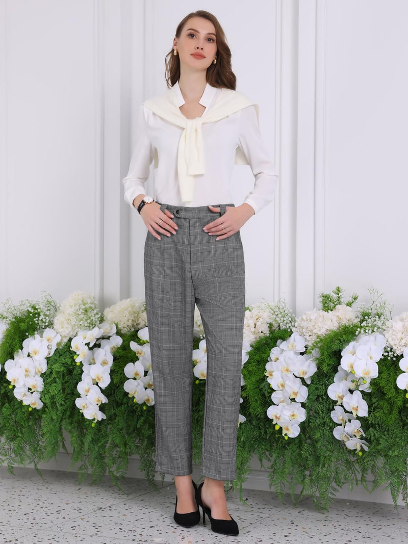 Hobemty Women's Plaid Work Pant Vintage Houndstooth Tartan Straight Long Trousers Medium Black Grey - Image 2