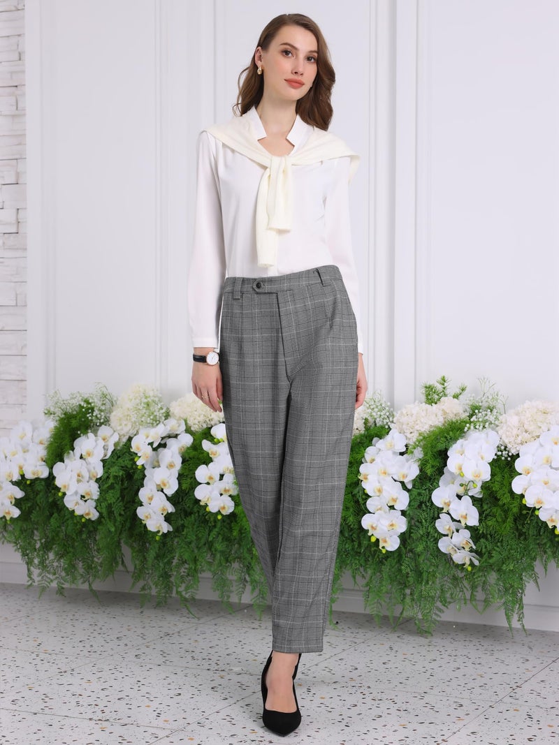 Hobemty Women's Plaid Work Pant Vintage Houndstooth Tartan Straight Long Trousers Medium Black Grey - Image 4