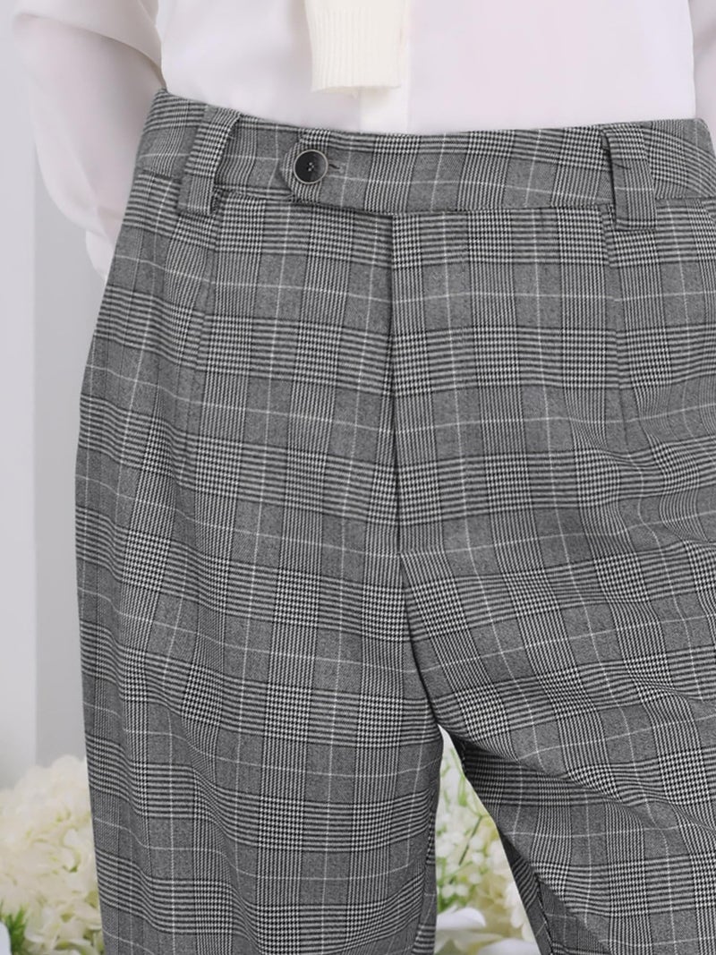 Hobemty Women's Plaid Work Pant Vintage Houndstooth Tartan Straight Long Trousers Medium Black Grey - Image 3