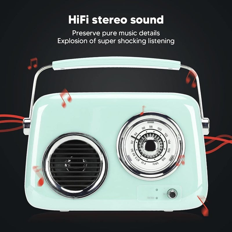 Bewinner Vintage Radio Speaker, Retro Speaker with FM Radio HiFi Stereo Sound for Home Outdoor Travel, 1500mAh Battery (Mint Green) - Image 2
