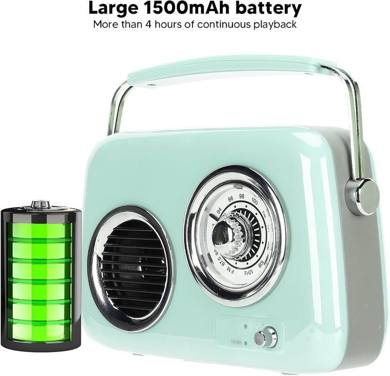 Bewinner Vintage Radio Speaker, Retro Speaker with FM Radio HiFi Stereo Sound for Home Outdoor Travel, 1500mAh Battery (Mint Green) - Image 5