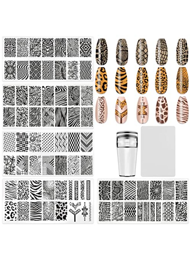 HYWWPFLAY 5Pcs Nail Stamping Plates Leopard Print Nail Stamps Nail Art Stamping Plates Nail Stencils Nail Plate Template Nail Art Stamping Kit Nails Accessories with 1 Nail Stamper 1 Scraper - Image 1