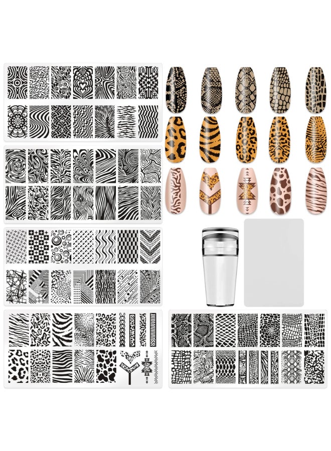 HYWWPFLAY 5Pcs Nail Stamping Plates Leopard Print Nail Stamps Nail Art Stamping Plates Nail Stencils Nail Plate Template Nail Art Stamping Kit Nails Accessories with 1 Nail Stamper 1 Scraper - Image 3