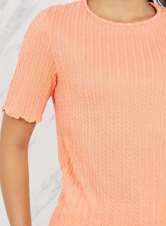 ستايلي Regular Fit Cable Knit Texture Lettuce Trim T-shirt