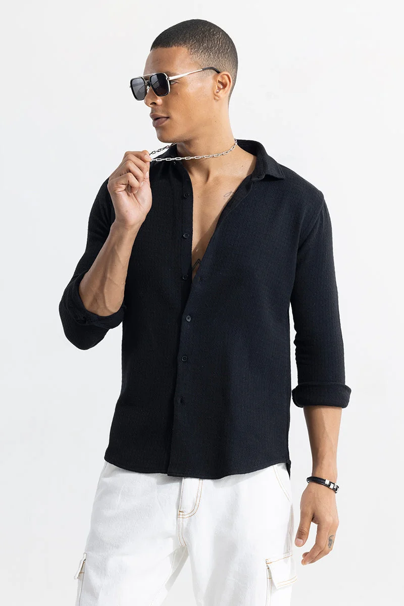 سنيتش Black Textured Long Sleeve Slim Fit Casual Shirt